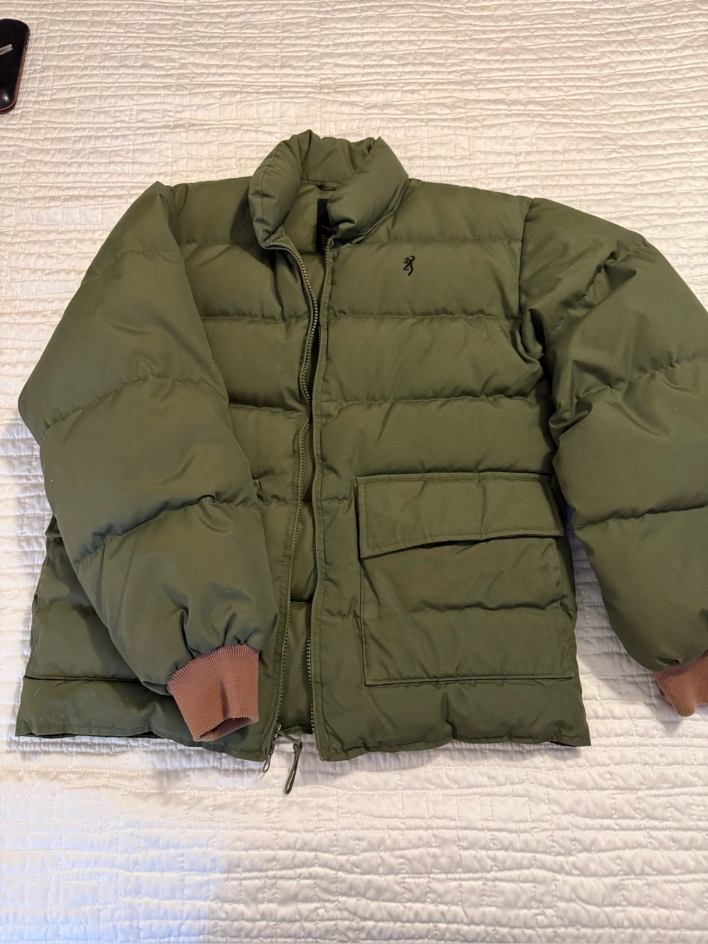 Browning Olive Green Quilted Puffer Jacket with Brown Cuffs